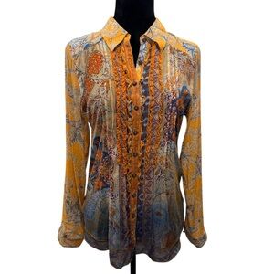Soft Surroundings Shirt Blue Gold Orange Paisley Blouse Button Up Small Top